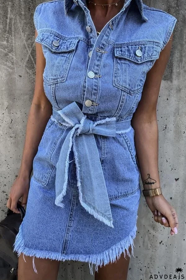 Denim Sleeveless Tie Waist Mini Dress
