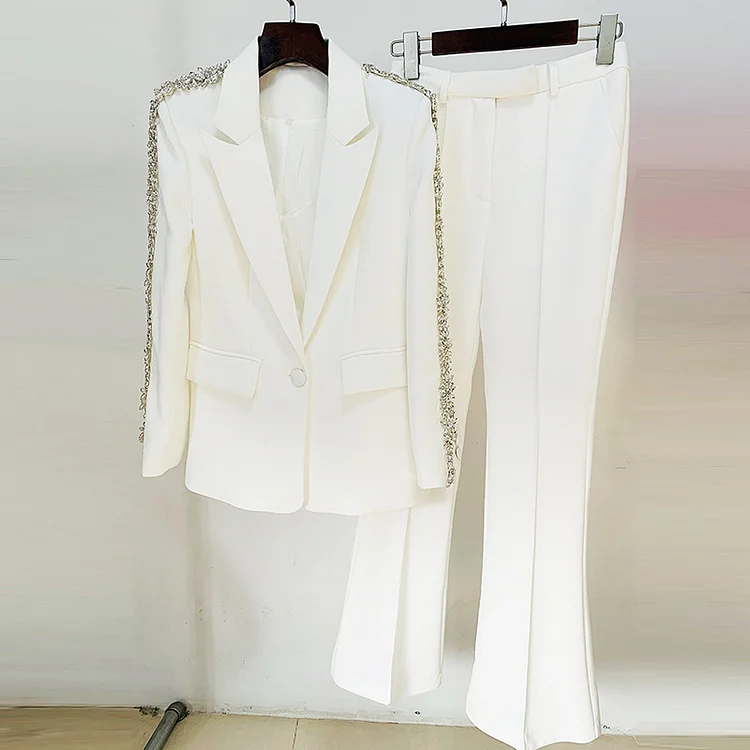 Women's Premium Business Formal Crystal-Embellished Slim Blazer + Flared Trousers Suit
