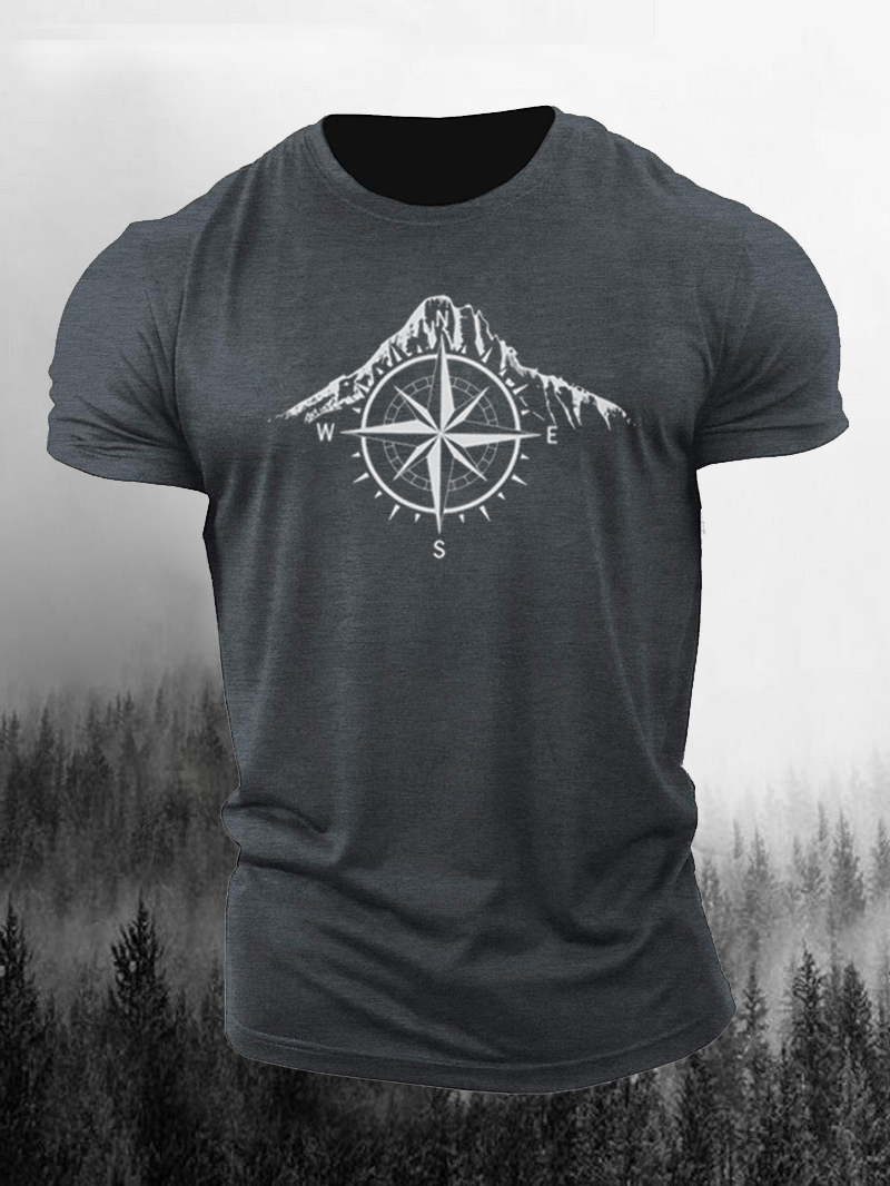 Men's Graphic Tees Short Sleeve T-Shirt with Mountains and Compass