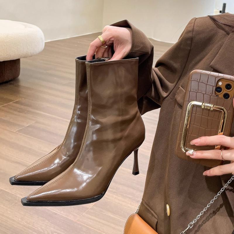 leapord halloween outfit Retro Side Zipper Pointed Ankle Boots Women's Fashionable Elegant High Heels Patent Leather for Spring and Autumn 2024