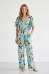 BENANCY GARMENT elegant floral print wide leg jumpsuit with flutter sleeves for mature women