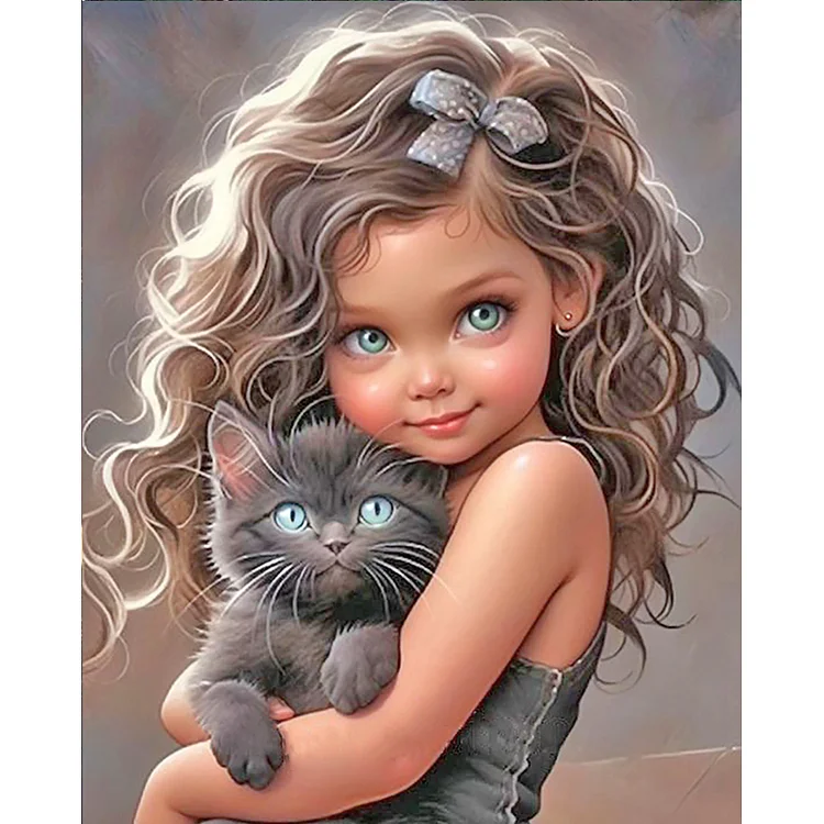 Full Round Diamond Painting - Big Eyes Girl Holding Cat 40*50CM