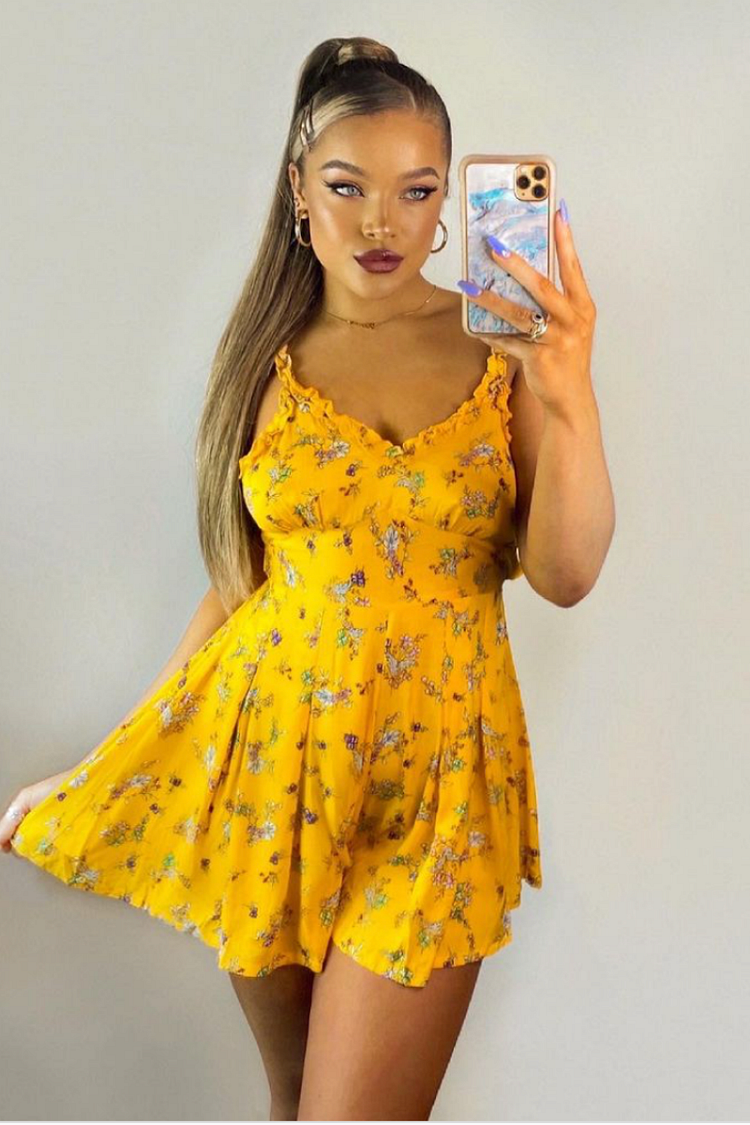 Yellow Ditsy Floral Print Playsuit Katch Me