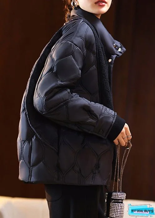 Women Black Button Pockets Cotton Filled Parka Long Sleeve