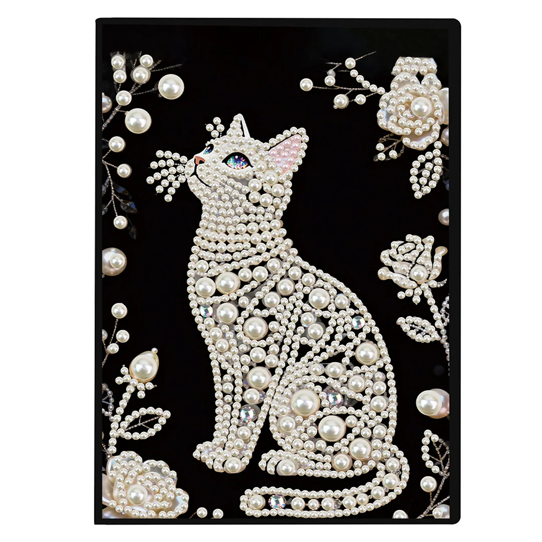 Flowers and Cat Partial Pearl DIY 50 Pages A5 Diamond Painting Notebook Special Shaped Diamond Art Diary Book Kits Wireless Strip 5D Crystal Art Paintings Sketchbook for Art Drawing