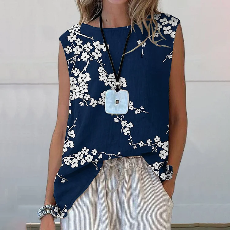 Lunivibe Japanese Cherry Blossoms Art Printed Casual Sleeveless Top