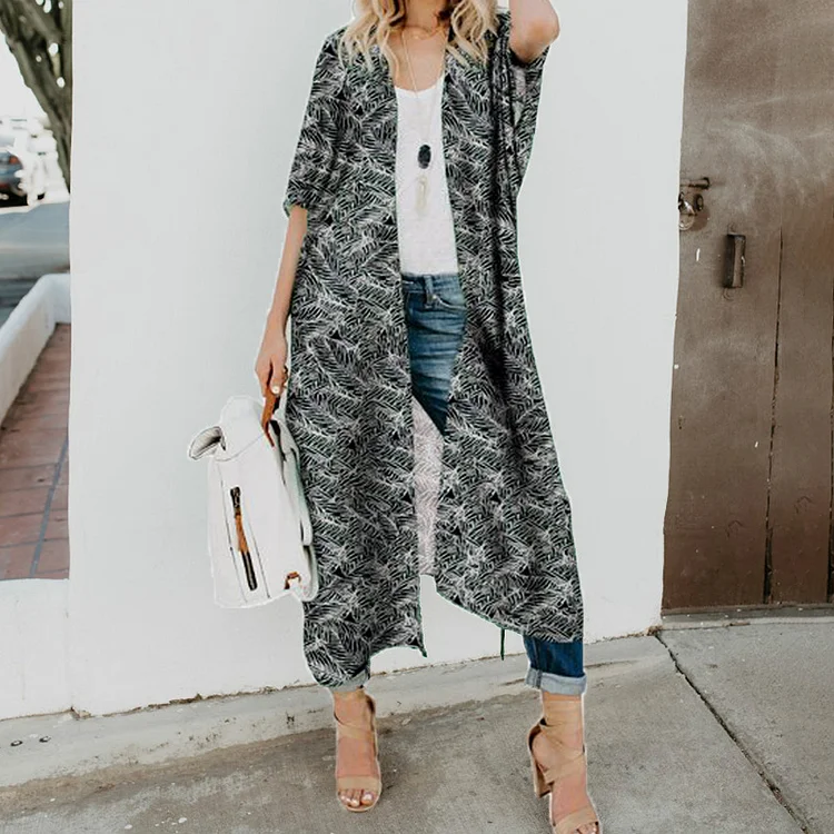 Holiday Loose Leaf Print Chiffon Kimono