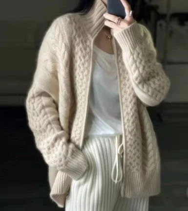 Women's Cardigan Sweater Jumper Cable Knit Cropped Zipper Solid Color Open Front Stylish