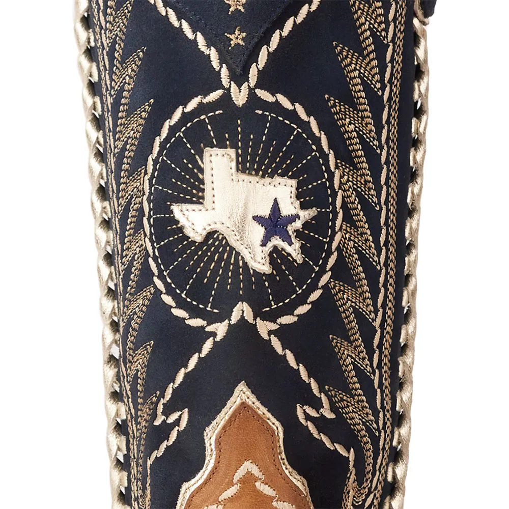 Brown & Navy Stars Chunky Heel Embroidered Western Boots for Women