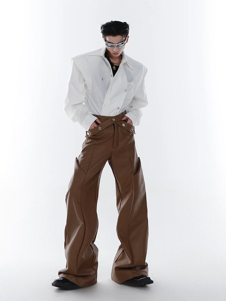 Aonga Spring Autumn Long Loose Casual Brown Black Pu Leather Pants Men Luxury Designer Clothing Wide Leg Trousers 2023 aonga