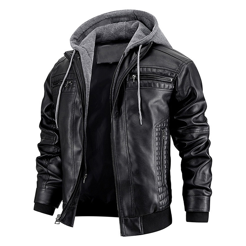 Men'S Faux Leather Jacket Zip-Up Motorcycle Jacket Waterproof Winter Vintage Bomber Hoodie Coat