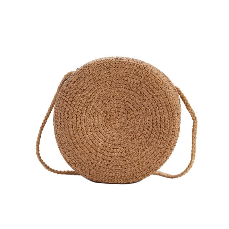 Girl’S Straw Solid Color Cute Round Zipper Shoulder Bag