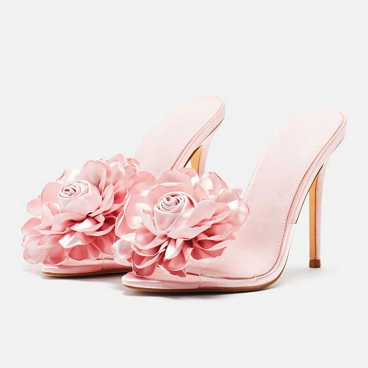 Pink Satin Rose Pointy Toe Stiletto Heel Clear Women's Mules Shoes |FSJ Shoes