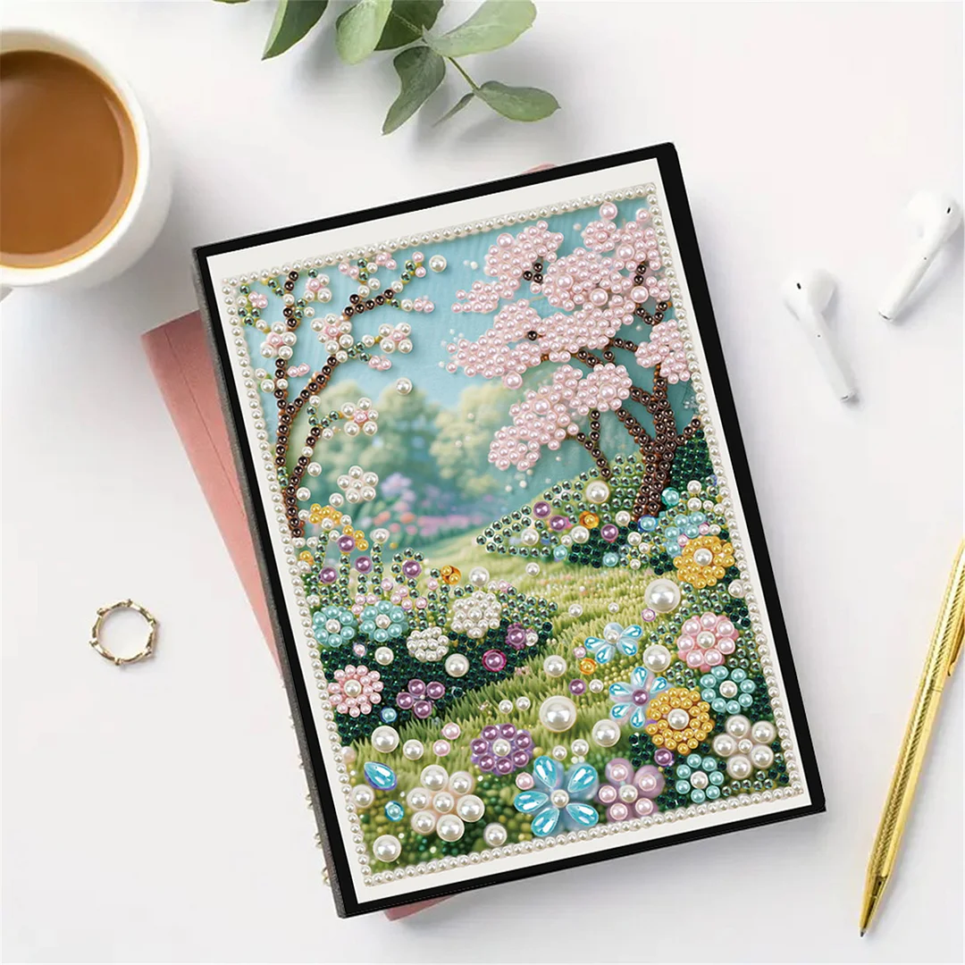 Spring Forest Partial Pearl DIY 50 Pages A5 Diamond Painting Notebook Special Shaped Diamond Art Diary Book Kits Wireless Strip 5D Crystal Art Paintings Sketchbook for Art Drawing