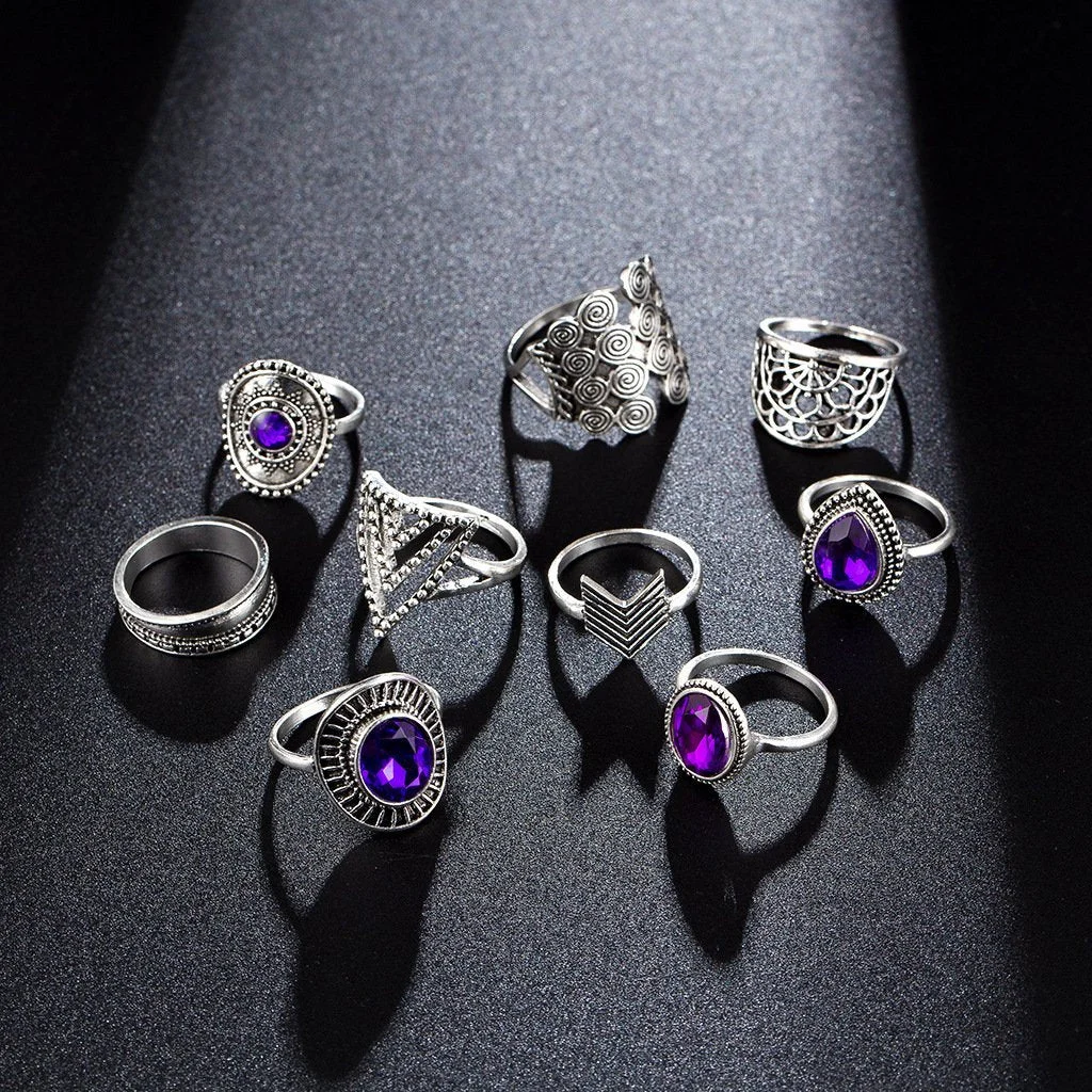 Women plus size clothing 9 Pieces Retro Amethyst Geometric Ring Sets Wholesale Cheap Jewelry-Nordswear