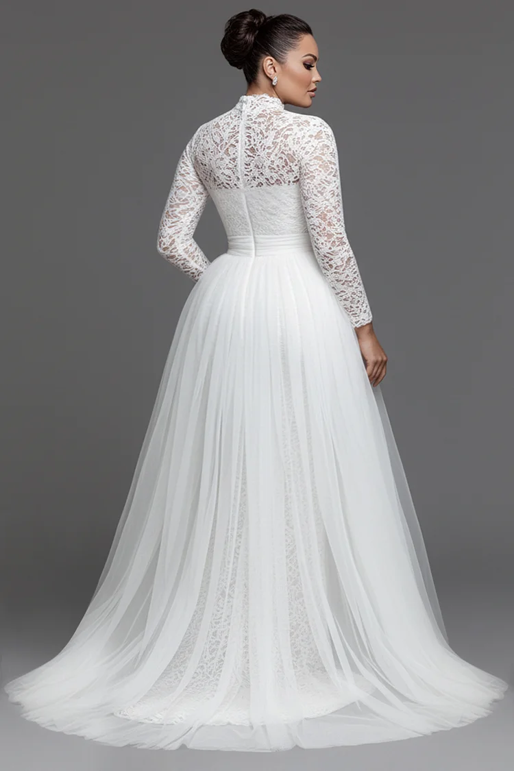 Xpluswear Design Plus Size Wedding White Mock Neck Long Sleeve With Skirt Overlay Elegant Split Lace Tulle Maxi Dresses [Pre-Order]