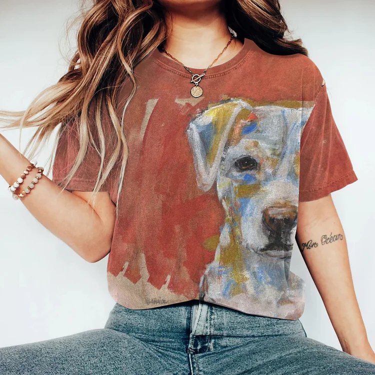 Kurzärmliges T-Shirt mit Rundhalsausschnitt und Art Dog-Print