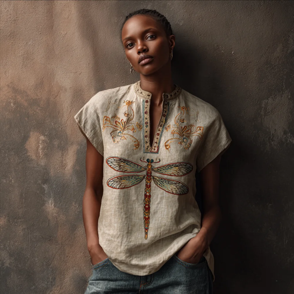 Dragonfly Pattern Vintage V-neck Short-sleeved Shirt