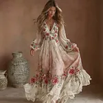 Women's Vintage Rose Embroidered Linen Blend Dress - Image 2