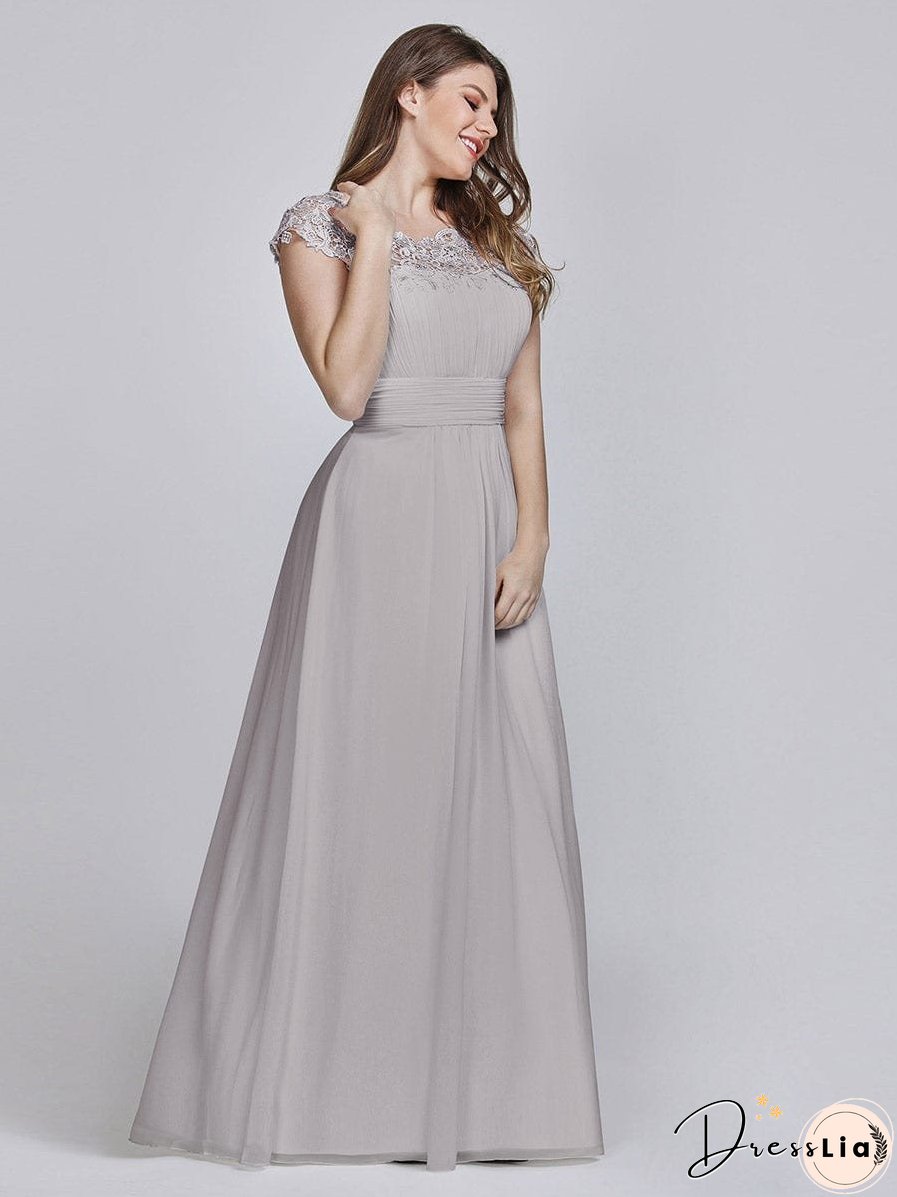 Elegant Lace Cap Sleeve Chiffon Evening Gown with Rhinestone-Embellished Neckline