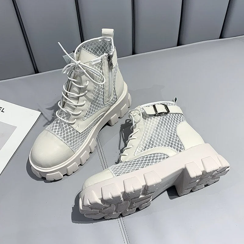 Classic Women Thick Bottom Black Mesh Summer Boots Round Toe Zipper Lace Up Platform Shoes Woman High Heels Ankle Botas