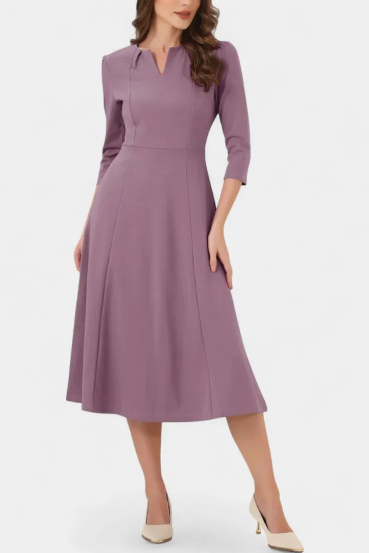 Structured A-Line Dress with Notched Neck and Three-Quarter Sleeves