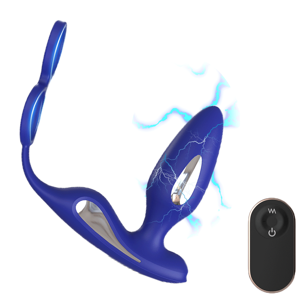 Lightning - 5 Electric Shock & 9 Vibrating Anal Butt Plug Prostate Massager Remote Control with Dual Delay Ring By Rose Toy