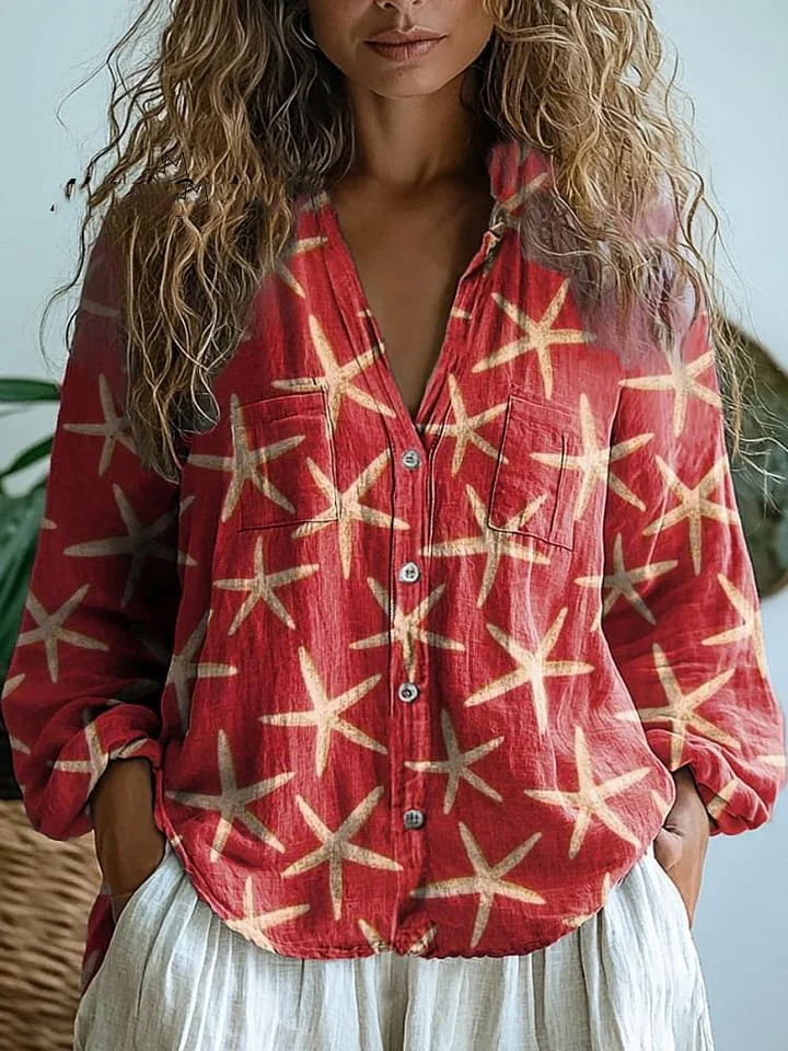 Summer Starfish Pattern Printed Women's Casual Long Sleeve Comfortable Cotton Shirt