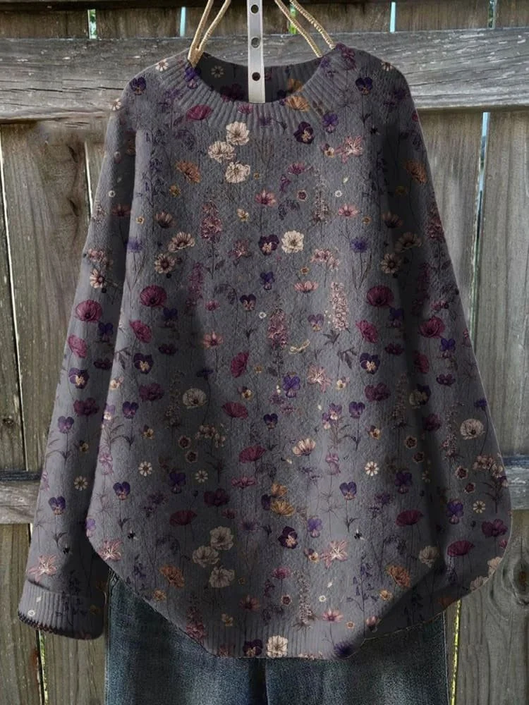 Flower Art  Print Knit Pullover Sweater