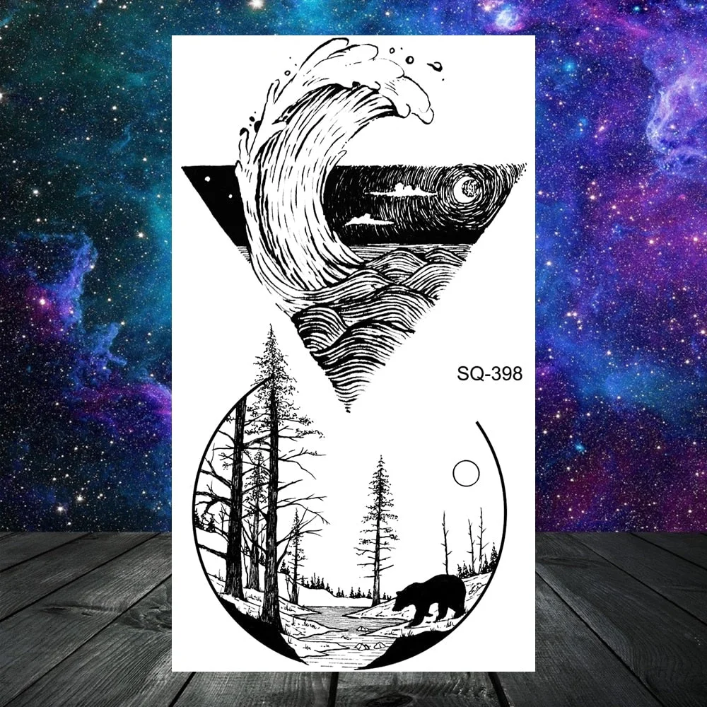 3D Geometry Mountain Sea Temporary Tattoos For Women Adult Men Kids Girl Sun Forest Eyes Fake Tattoo Neck Arm Hands Small Tatoos