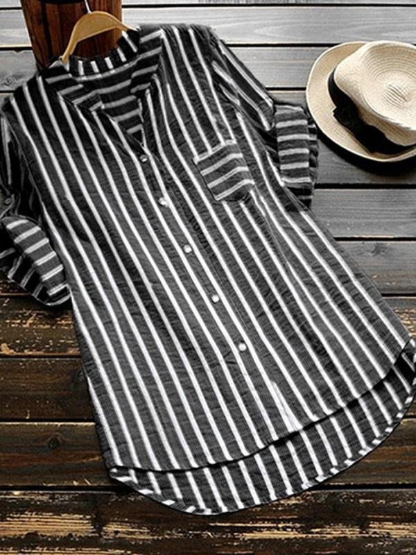 Ladies V-neck Short Sleeve Striped T-Shirt With Pocket-Mayoulove