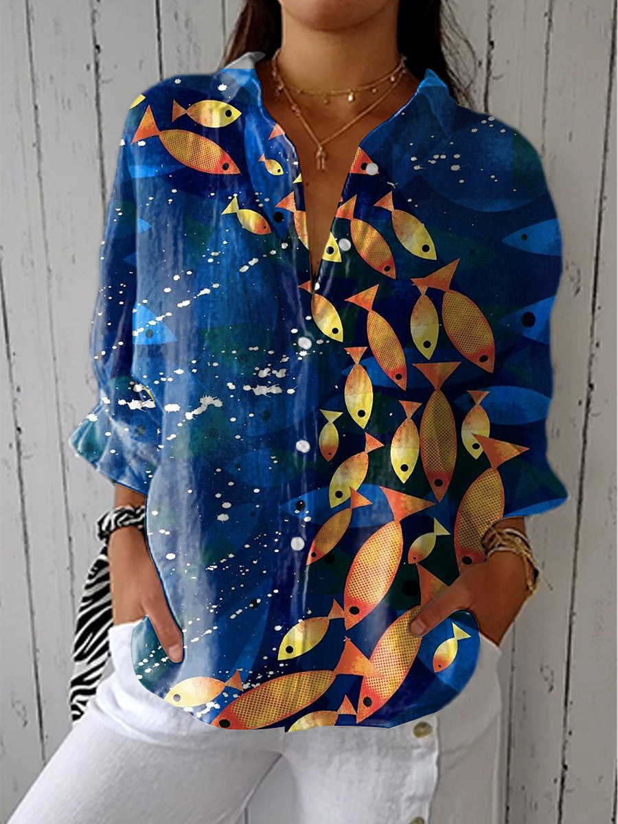 Women's Vintage Deep Sea Fish Art Print Casual Linen V-neck Shirt