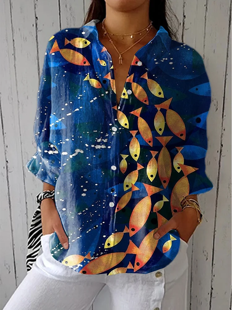 Women's Vintage Deep Sea Fish Art Print Casual Linen V-neck Shirt
