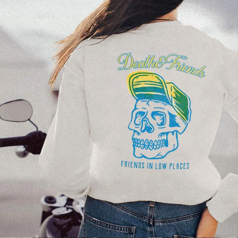 Deaths Friends Skull Graphic  White Print Sweatshirt