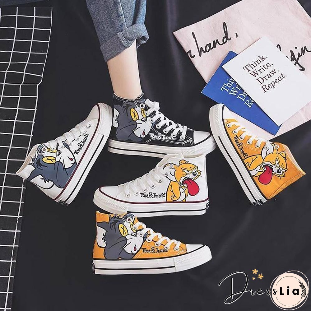 Women Anime Cartoon Print Patchwork Shoes Brand Lovely Girls Canvas Thick Heel Sneakers Designer High Top Espadrilles Flat