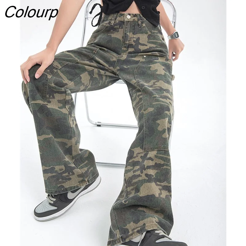 Colourp Women's Cargo Jeans High Waist Streetwear Baggy Straight Vintage Denim Trouser Camouflage Colors Wide Leg Chic Design Jean Pants