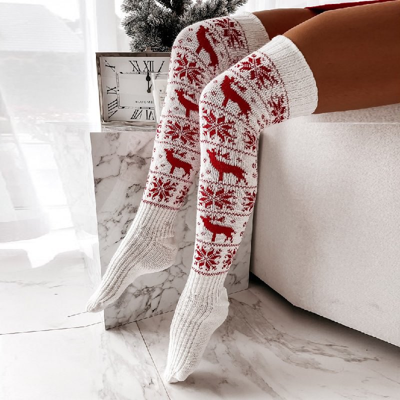 Elk Snowflake Knit Christmas Thigh High Socks