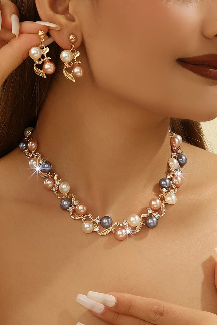 Retro Leaf Pearls Inlaid Necklace Earring Two Piece Jewelry Set 2024 - Xpluswear