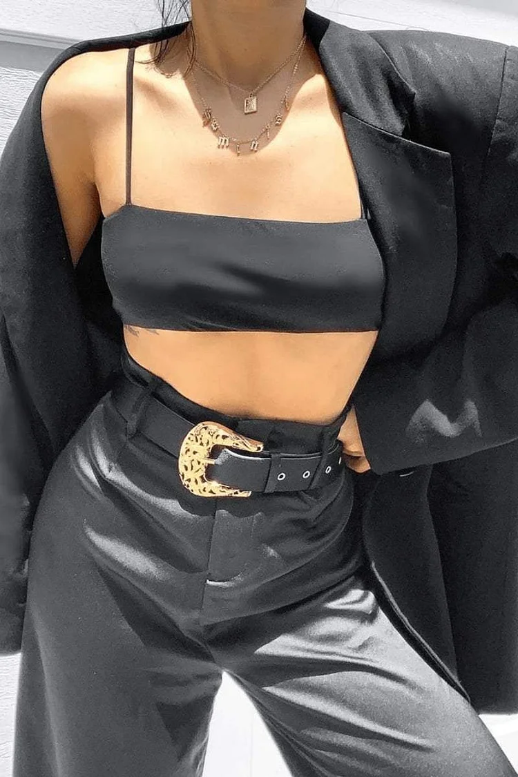 Black Wide Leg Satin Trousers with Western belt Katch Me