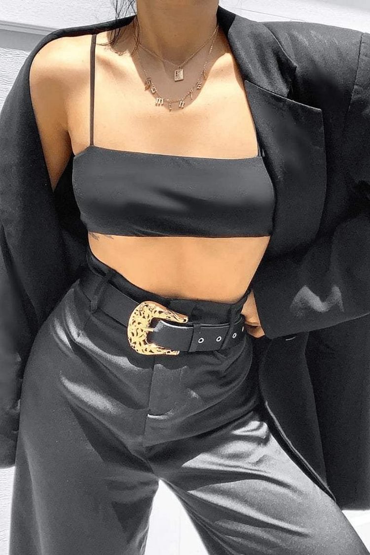 Black Wide Leg Satin Trousers with Western belt Katch Me