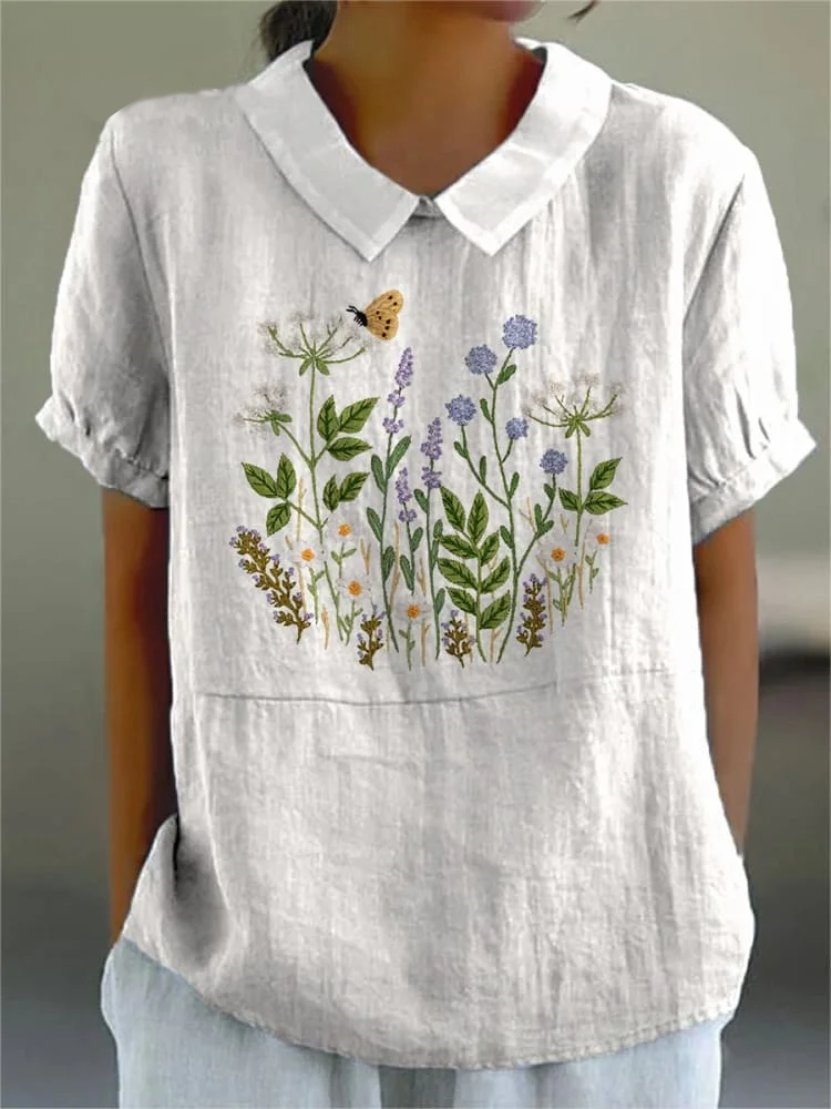 Womens Artistic Butterfly Pattern Casual Cotton And Linen Top