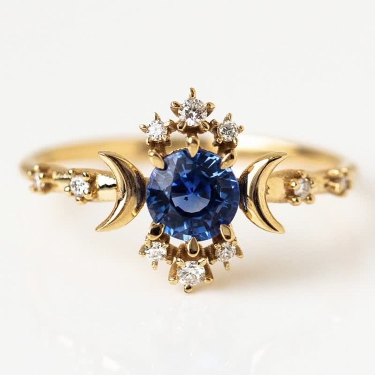 Delicate Gold Sapphire Moon And Star Ring