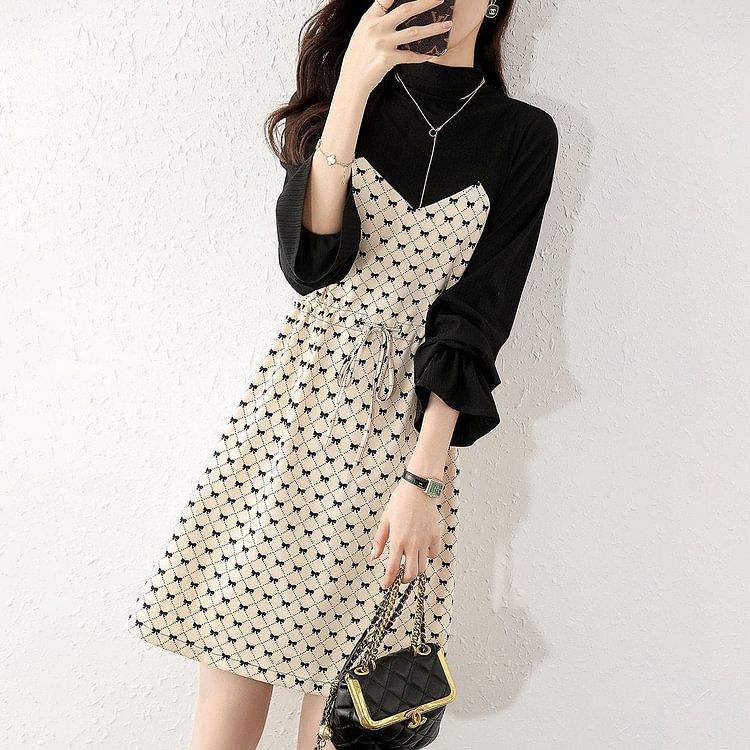 Black Geometric Casual Long Sleeve Dresses