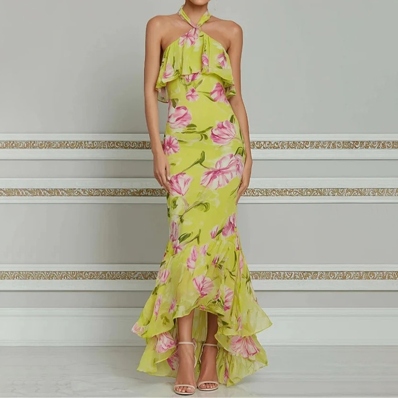 Elegant Floral Print Halter Neck And Asymmetrical Hem Maxi Dress elevenforest