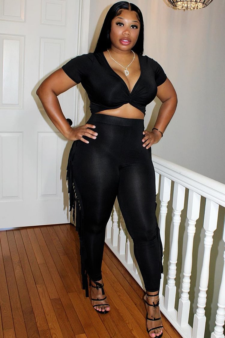 V Neck Short Sleeve Wrapped Crop Top Side Tassel Leggings Pants Matching Set