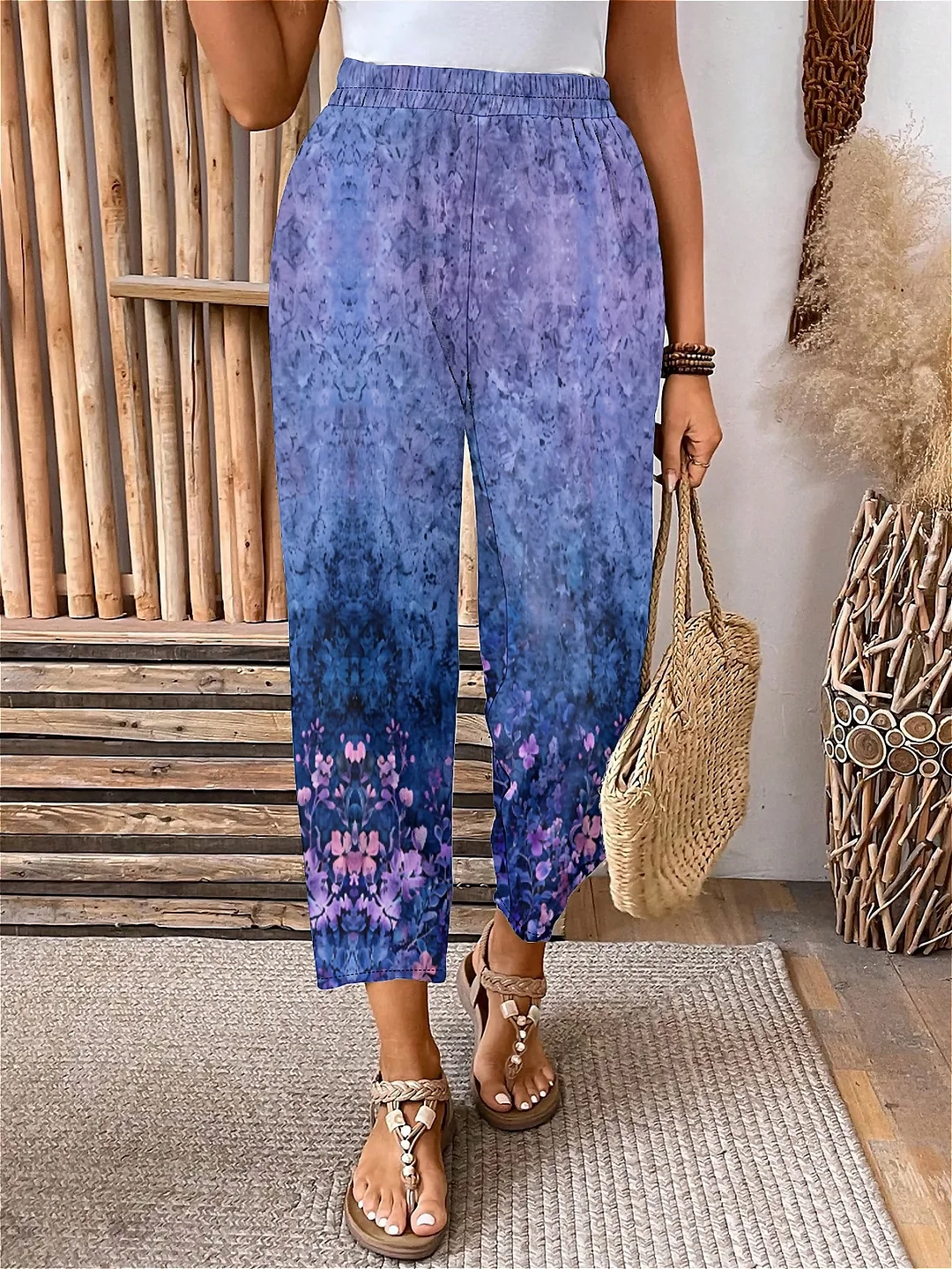 Plus Size Elastic Waist Purple,Floral,Bohemian Printed Pants