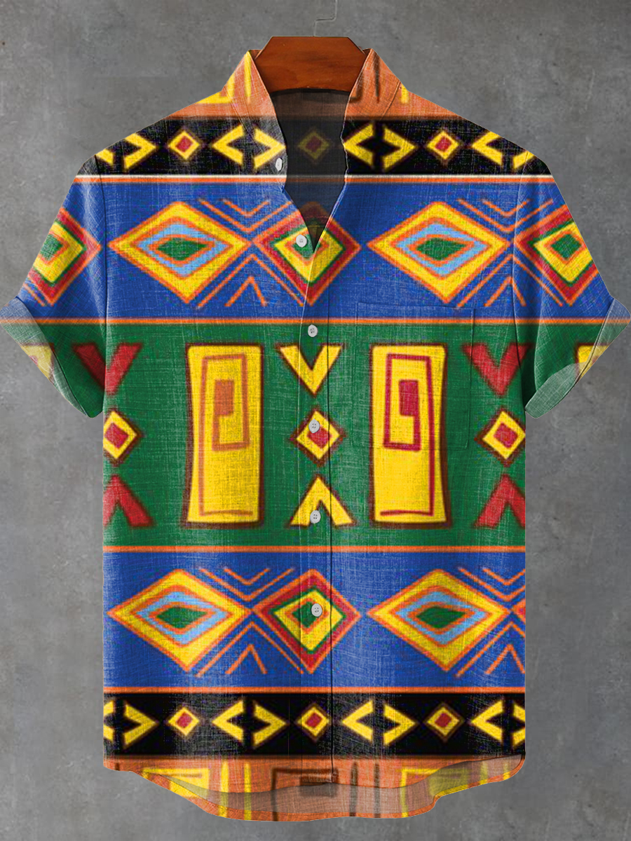 Vintage Abstract Colorful African Geometric Totem Art Print Casual 100% Cotton Shirt