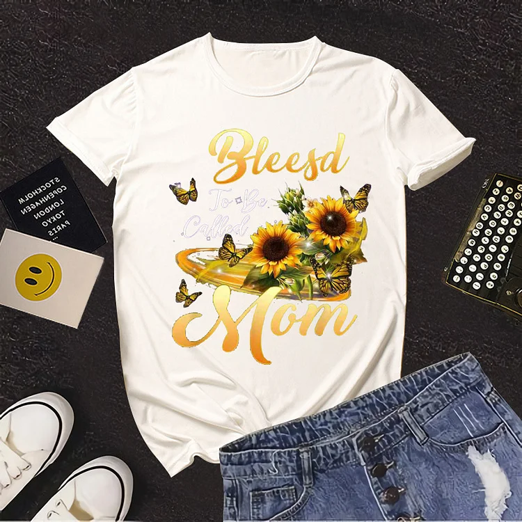 Sunflower Butterfly Print Crew Neck Short Sleeve T-Shirt