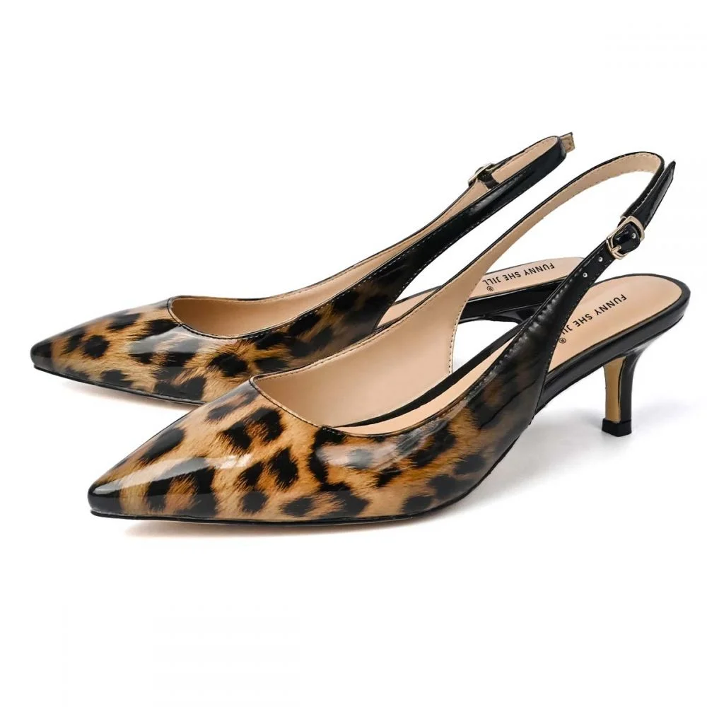 Brown Leopard Heels Slingback Kitten Heels Patent Leather Heels Nicepairs