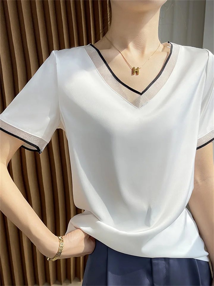 Women's V-neck or Round Neck Short-sleeved T-shirt Summer New Heavyweight Acetic Acid Satin Round Neck Fashion Temperament Female Tops-JRSEE